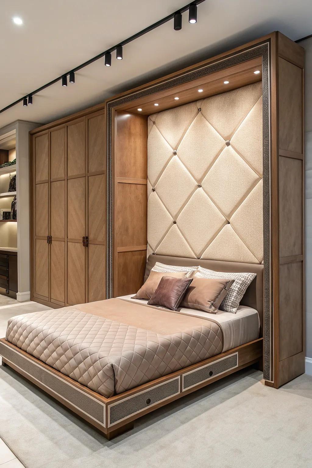 Improve your area with a sensation of comfort and artistry: a Murphy bed with luxurious fabric upholstery.