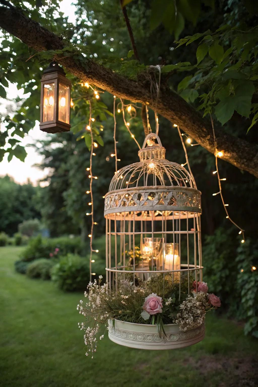 Light up your garden with a touch of vintage charm using a DIY birdcage chandelier.