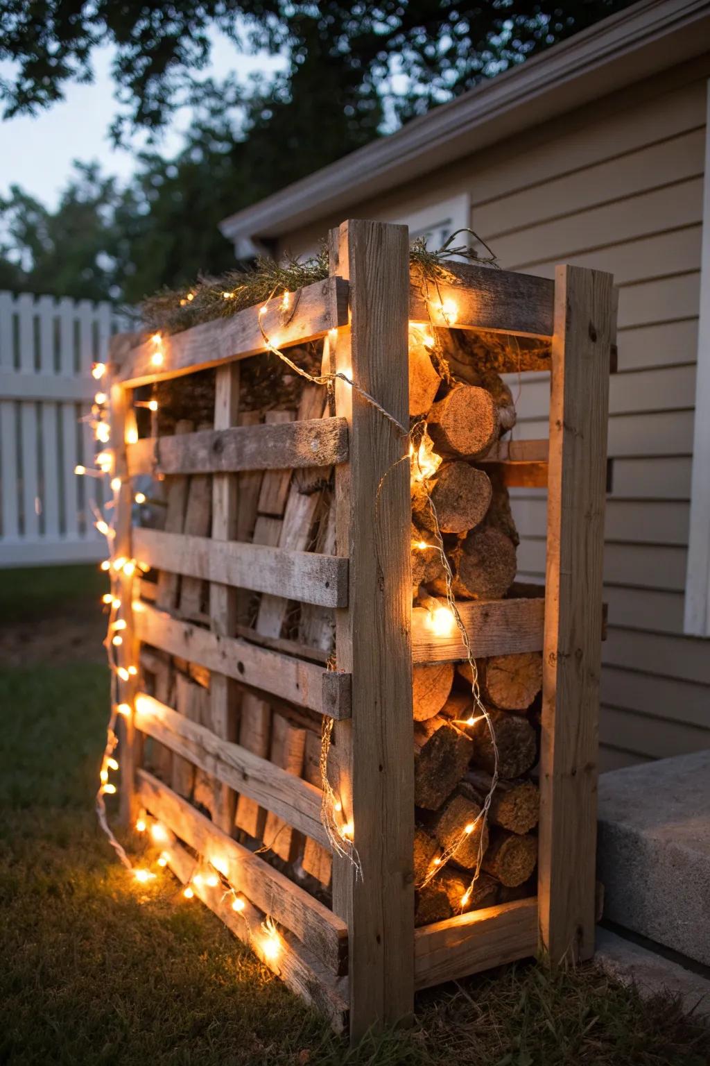 Transform your backyard with a touch of magic—string lights on a handcrafted pallet wood rack.