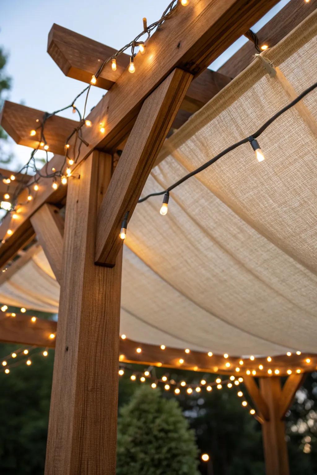 Transform your patio with the warm glow of string lights intertwined with a handcrafted pergola for an enchanting evening retreat.