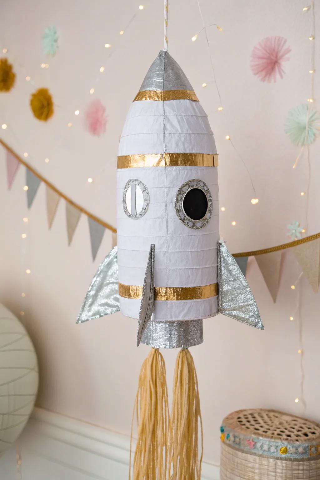 Elevate your celebrations with a handcrafted rocket ship piñata, where minimalism harmonizes with celestial allure.