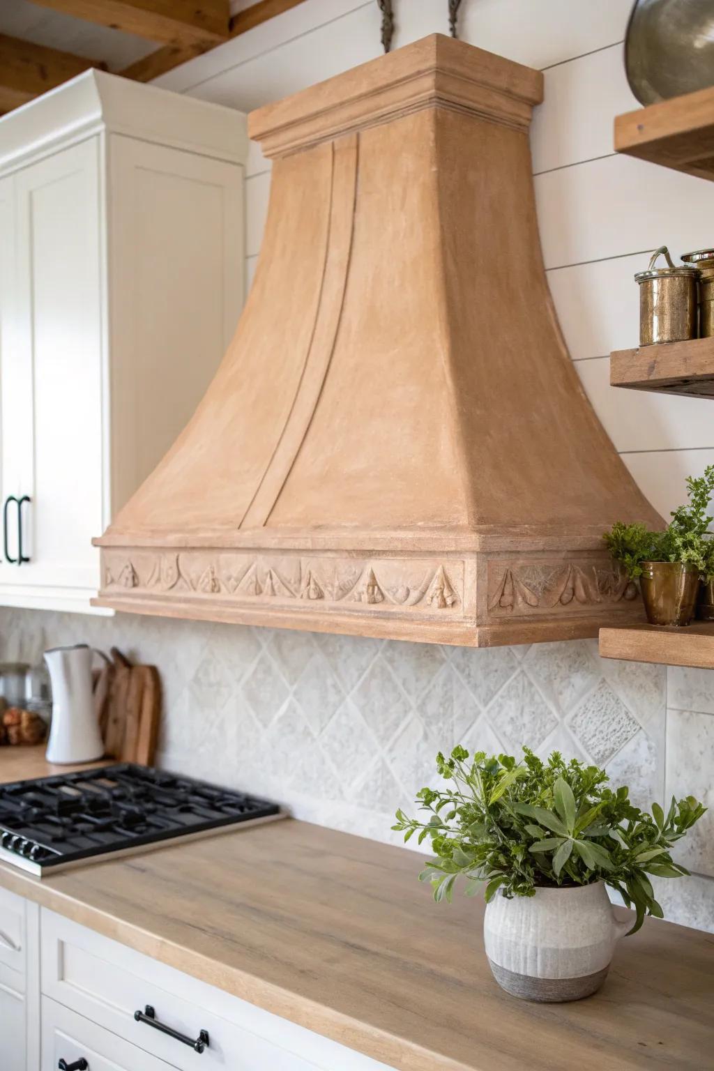 Transform your kitchen with a Mediterranean clay finish, achieving a chic, Mediterranean-inspired range hood makeover.