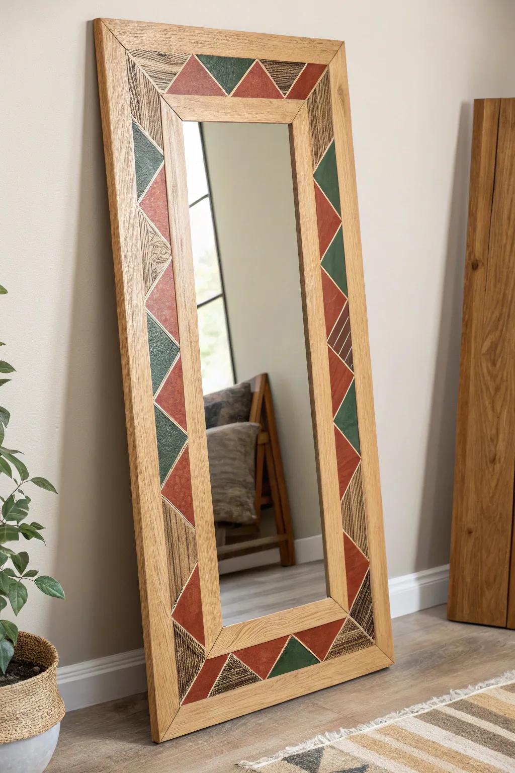 Recreate your area using an audacious, hand-painted mirror frame, merging minimalist design with boho flair.