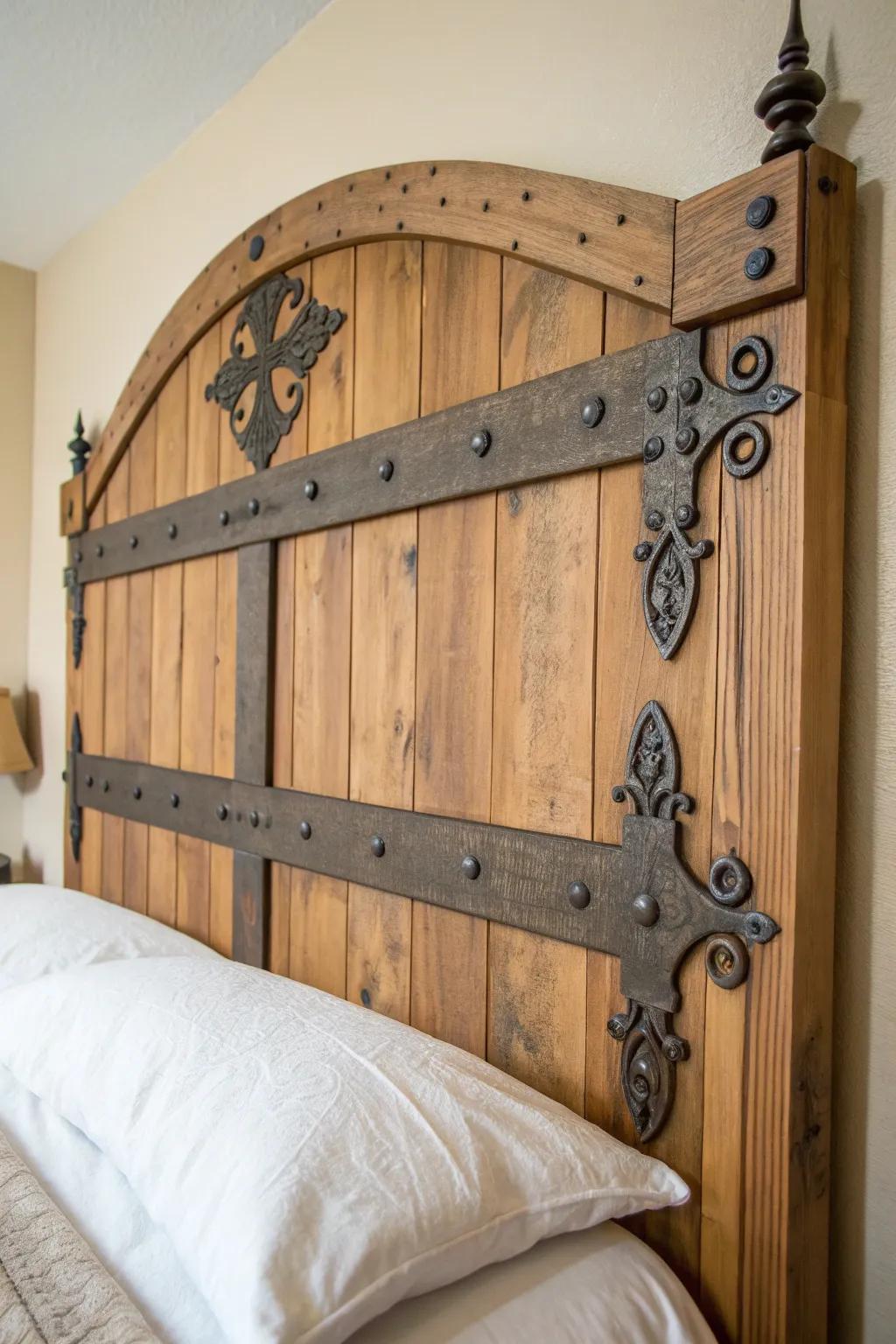 Elevate your bedroom with a rustic headboard featuring charming metal trimmings for a perfect blend of industrial and natural beauty.