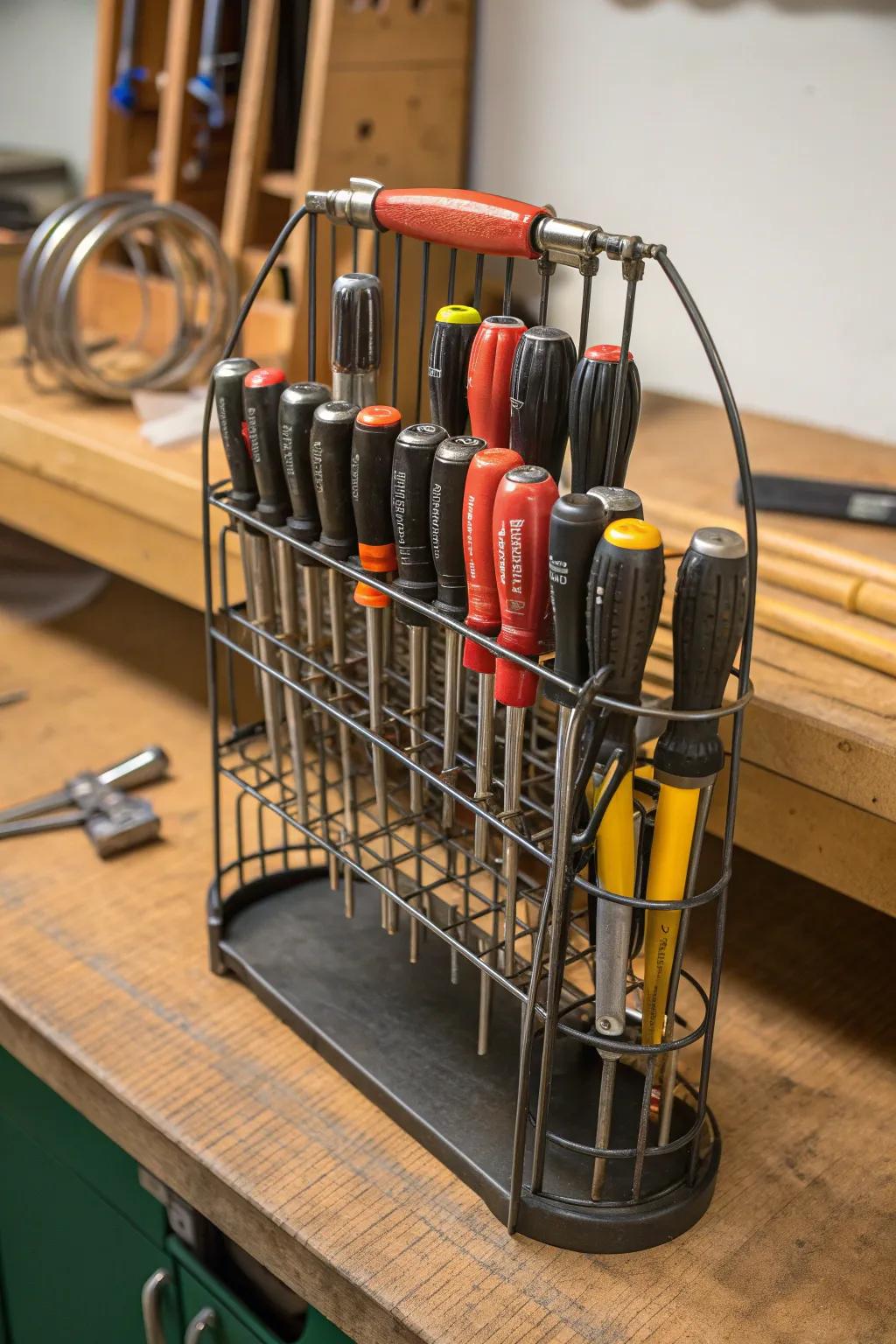 Transform outdated wire shelving into a streamlined, utilitarian screwdriver holster with this DIY venture.