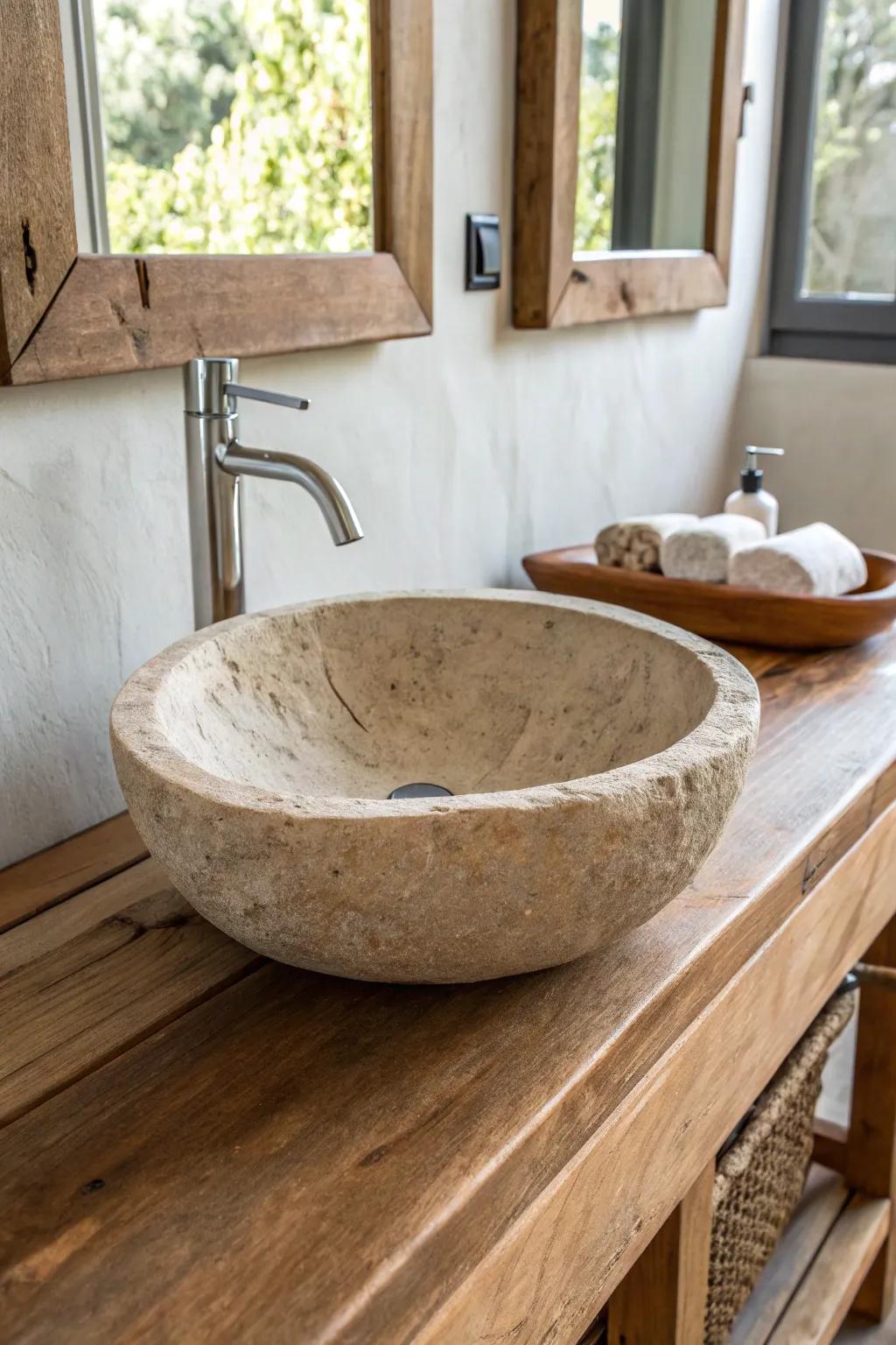Elevate your washroom with the enduring elegance of a stone bowl sink, merging nature and artistry.