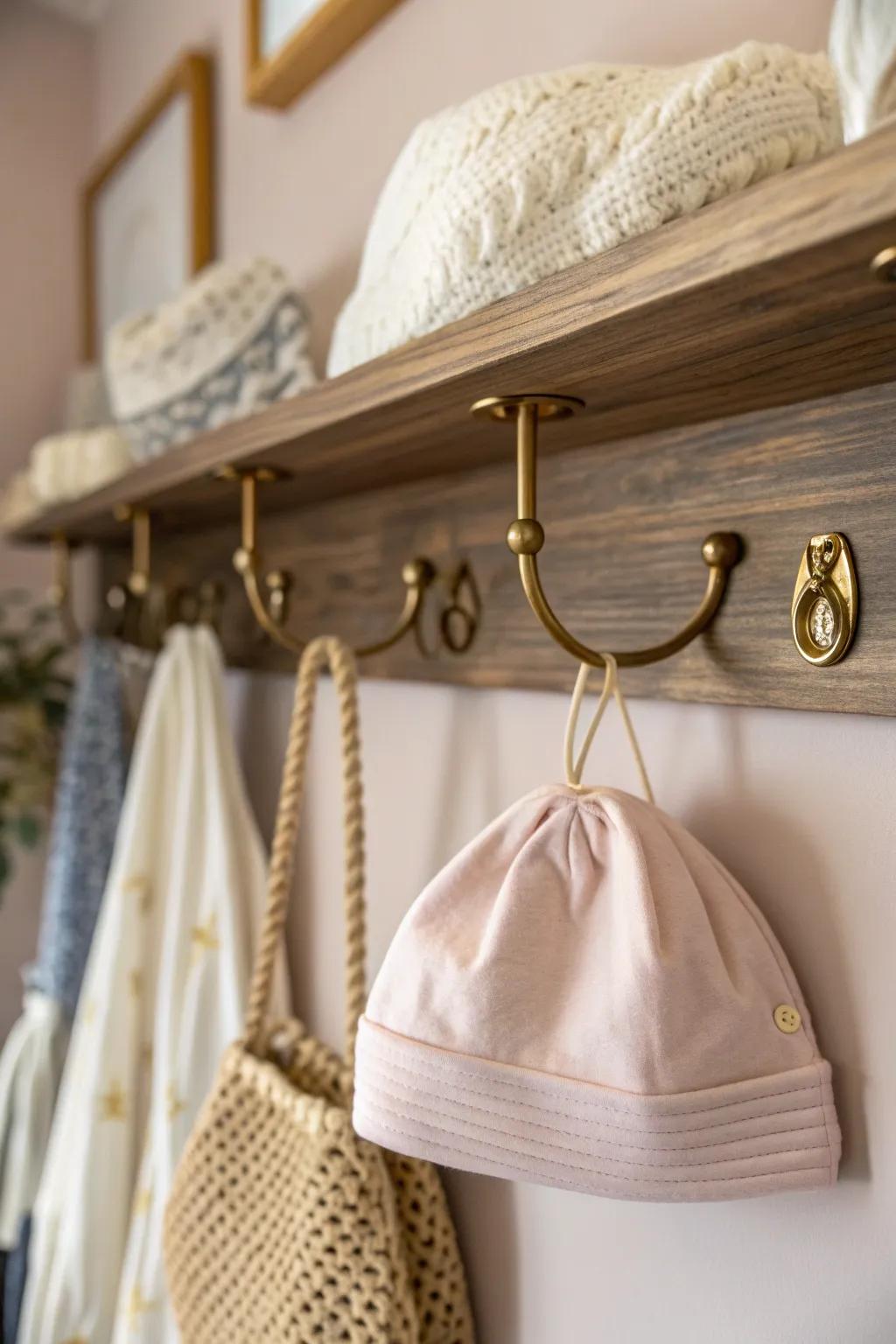 Transform unused space with under-shelf hooks for a chic and functional baby closet.