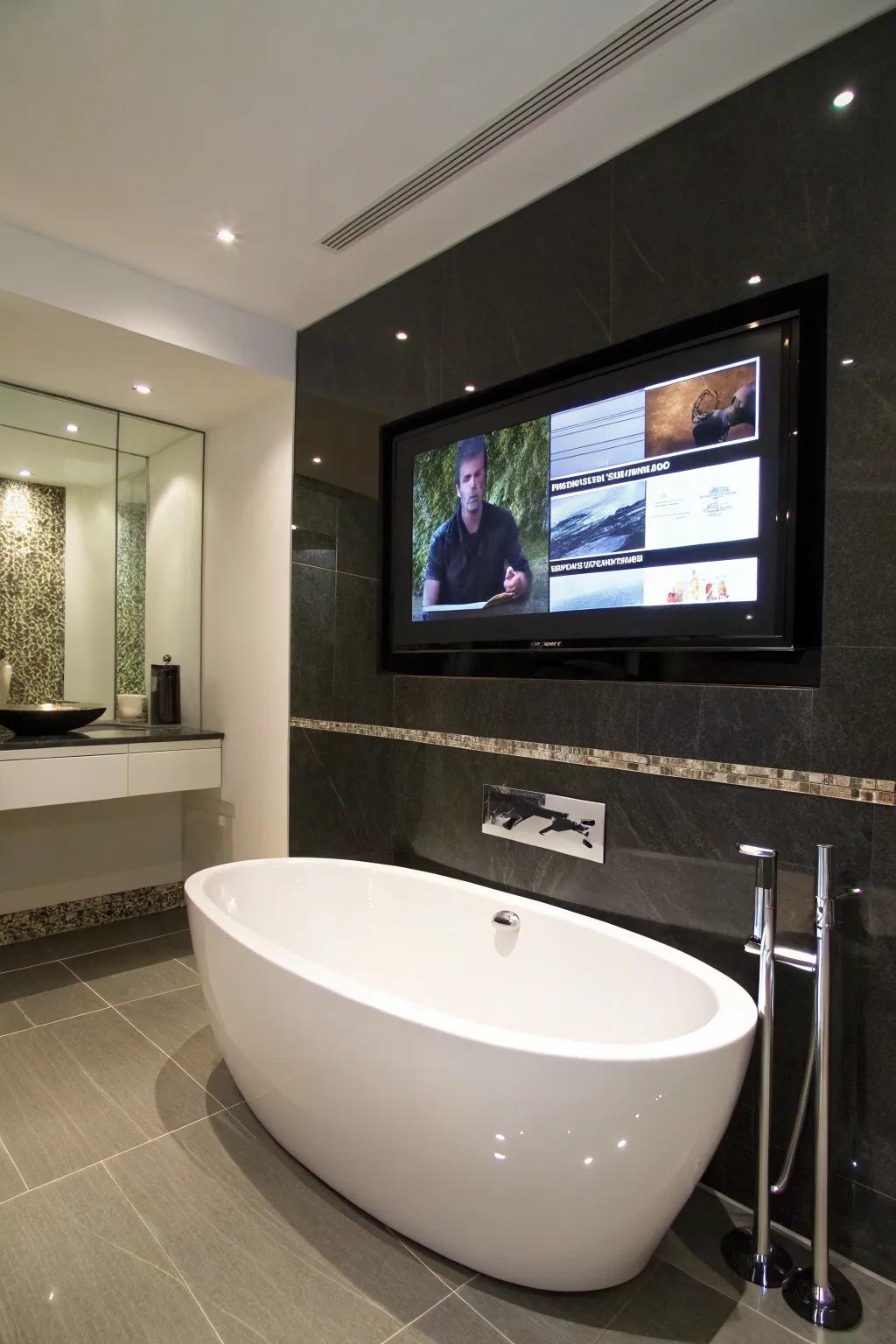 Elevate your relaxation with a stylish bathroom TV setup.