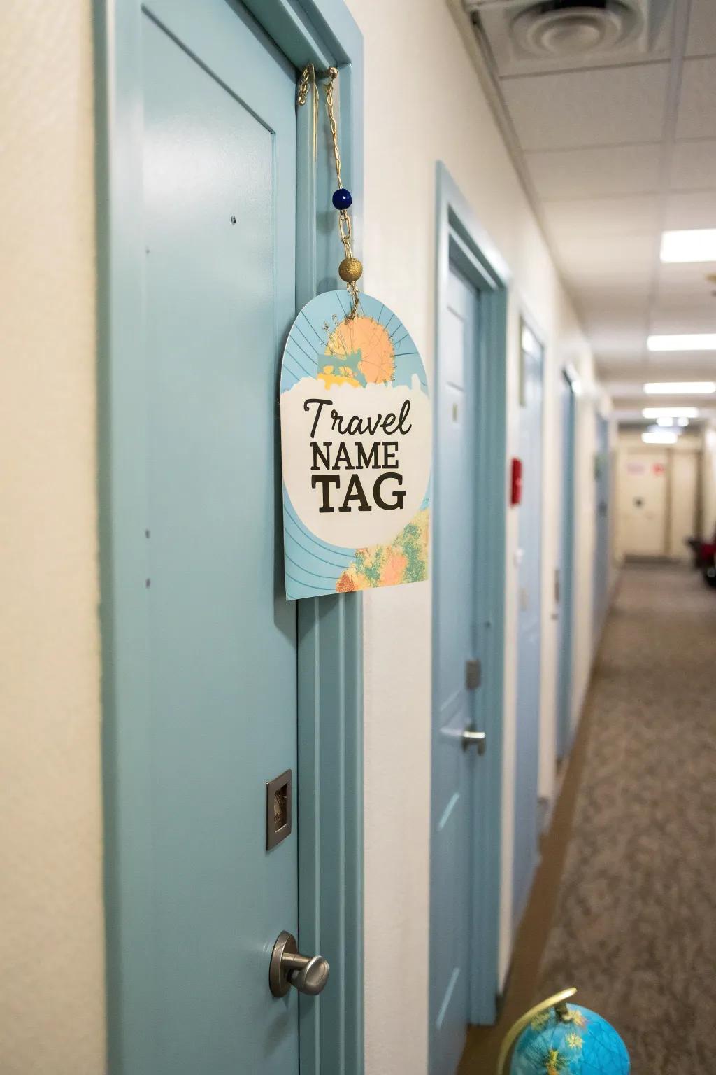 Travel-themed name tags motivate wanderlust and invite escapade.