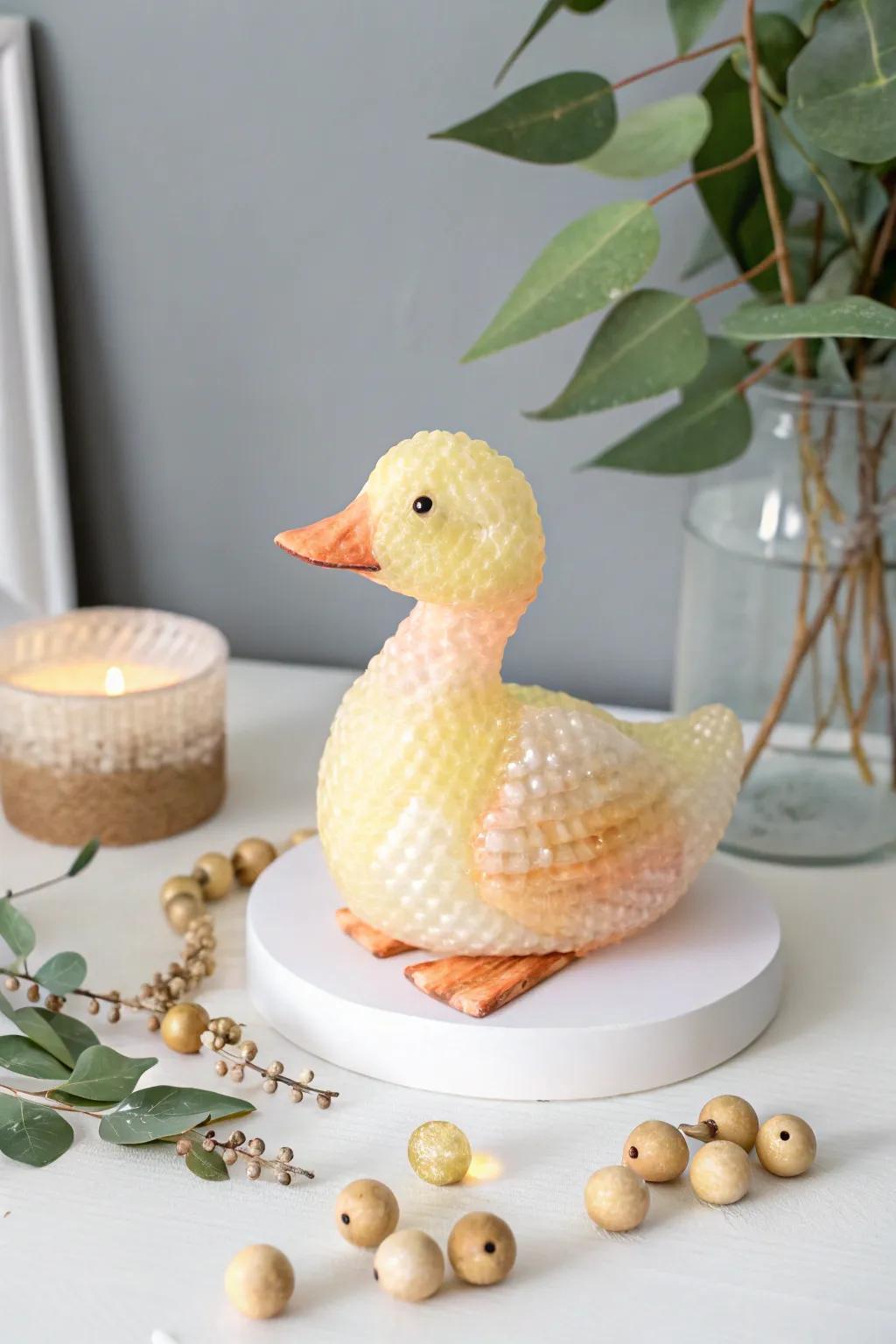 Unleash inventiveness with whimsical air pocket wrap duck art – a minimalist masterpiece for small hands!