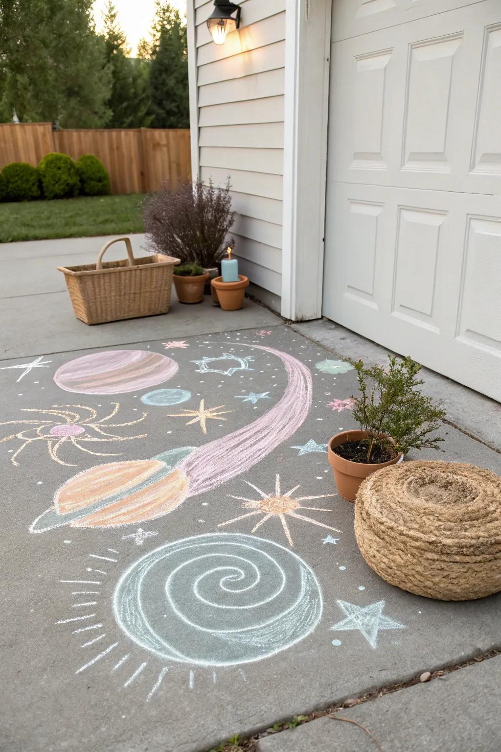 Transform your driveway into a stellar masterpiece with minimalist galactic chalk artistry!