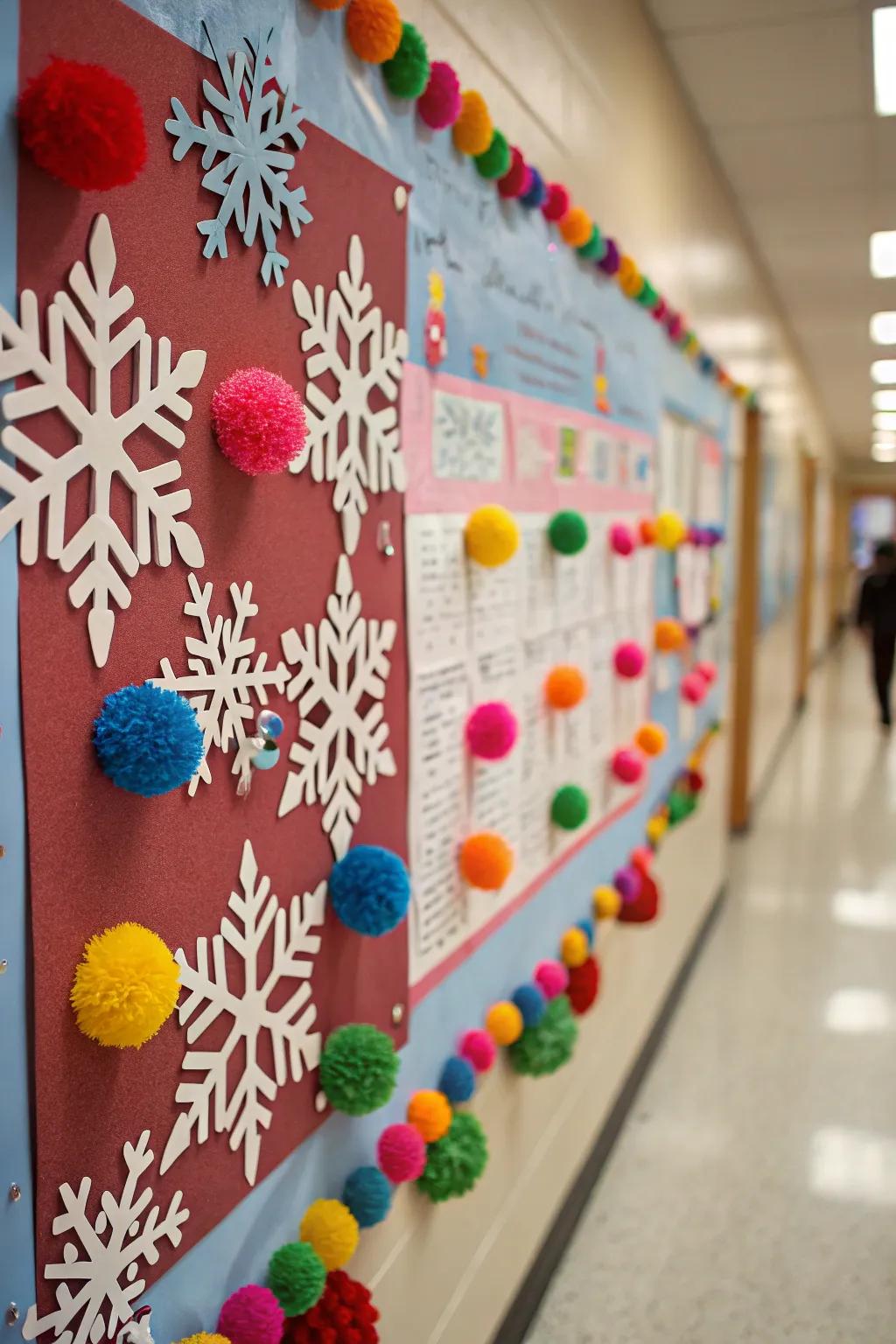 3D snowflakes and pom poms impart playful elegance to your board.