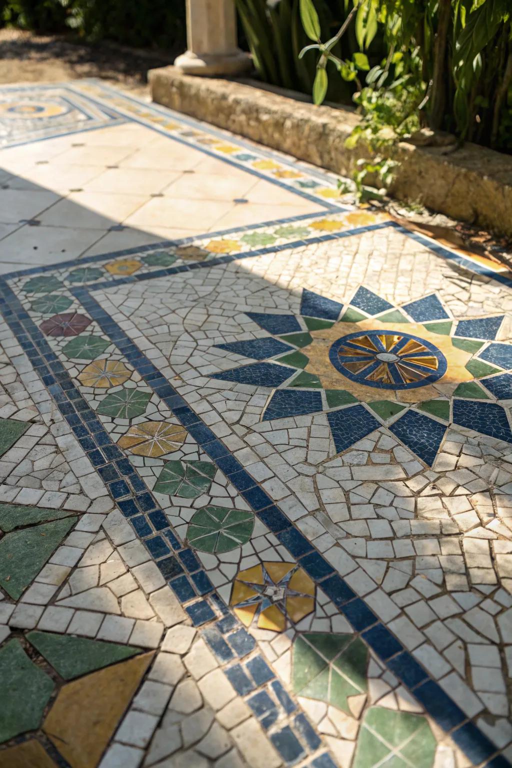 Elevate your patio through the artistry of intricate tiles—where artistry intersects vibrant design.