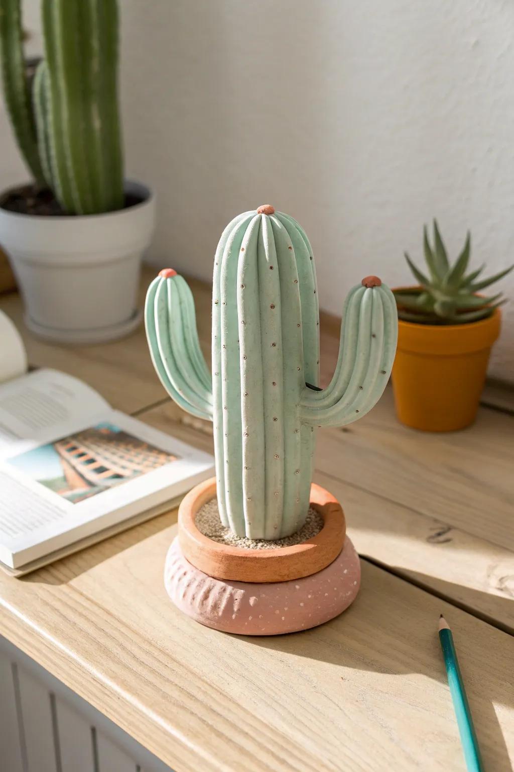 Inject a sprinkle of whimsical elegance into your desk with a handcrafted cactus holder where function enhances art.