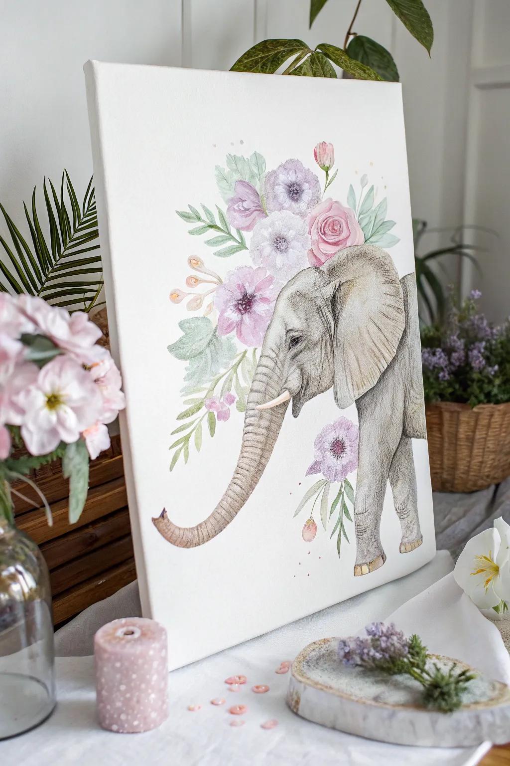 Elegance with effortlessness: the beauty in the elephant with flowers.