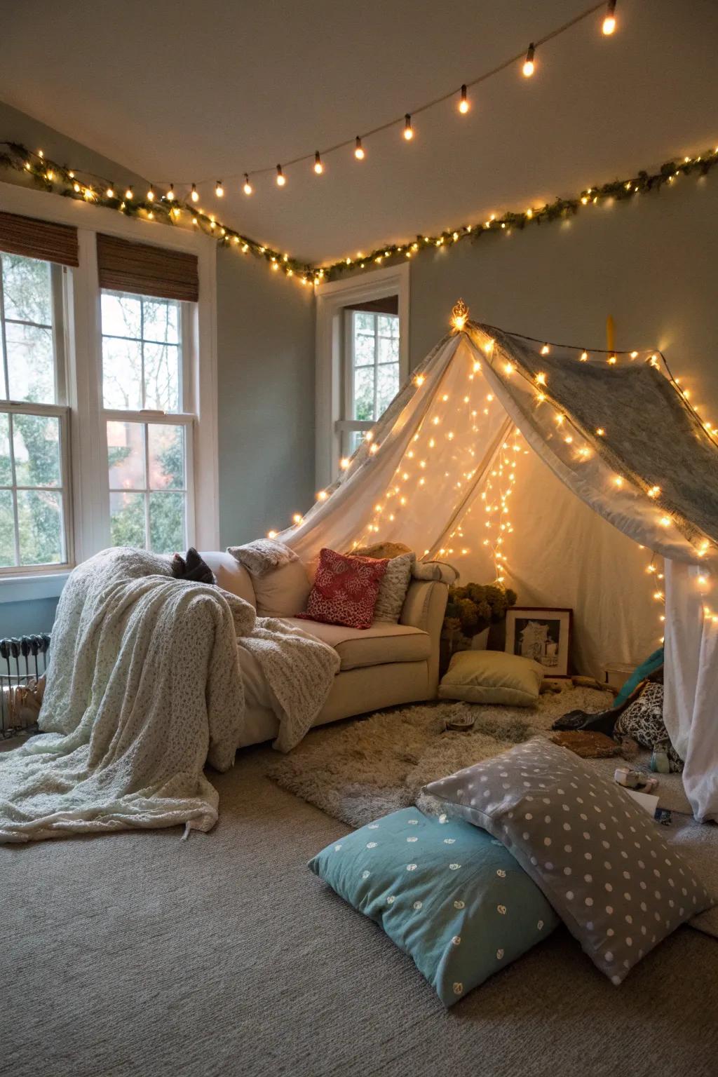 Craft a whimsical sanctuary with an inviting drape haven suitable for two.
