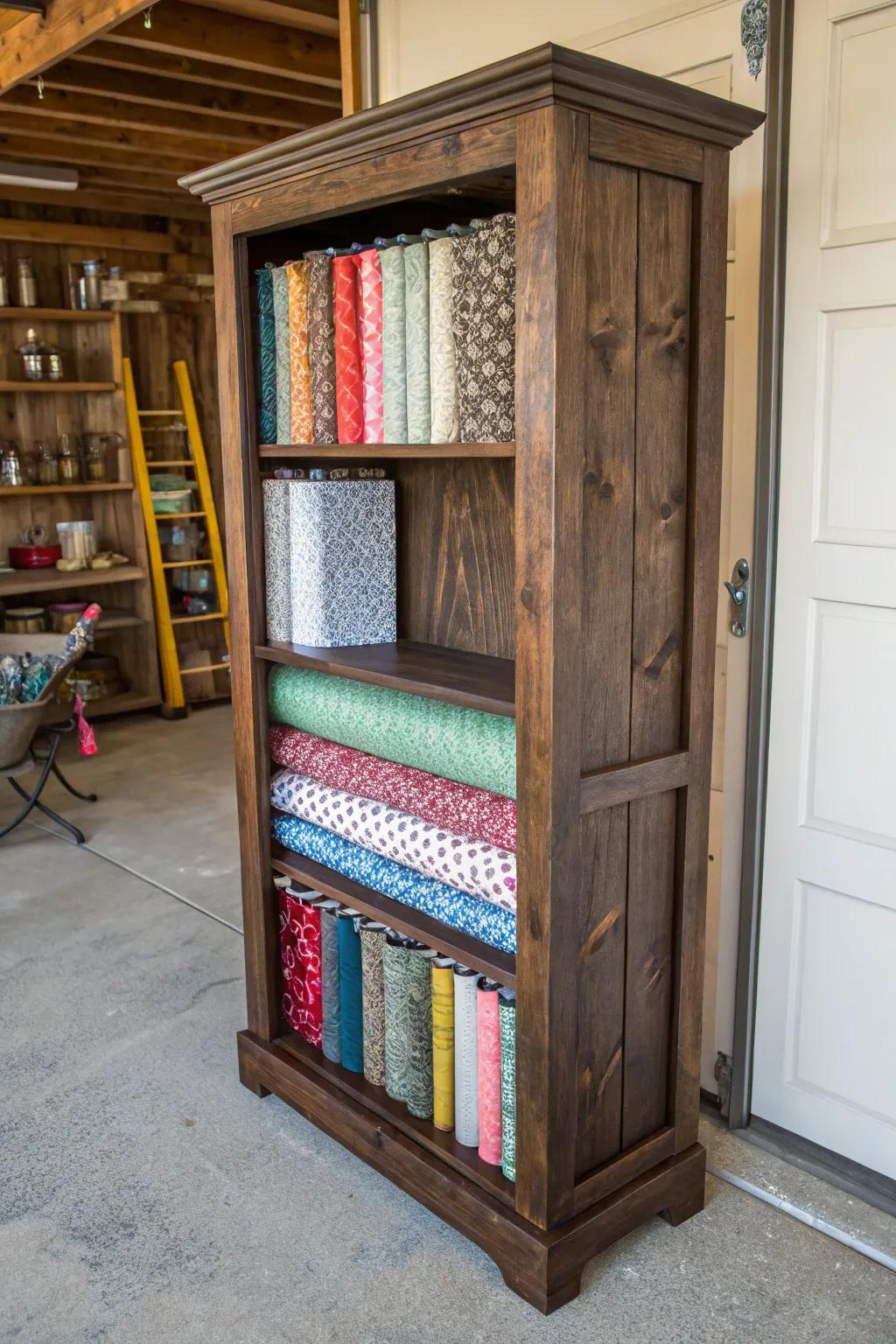 Transform your space with this upcycled masterpiece: a bookcase turned fabric haven.