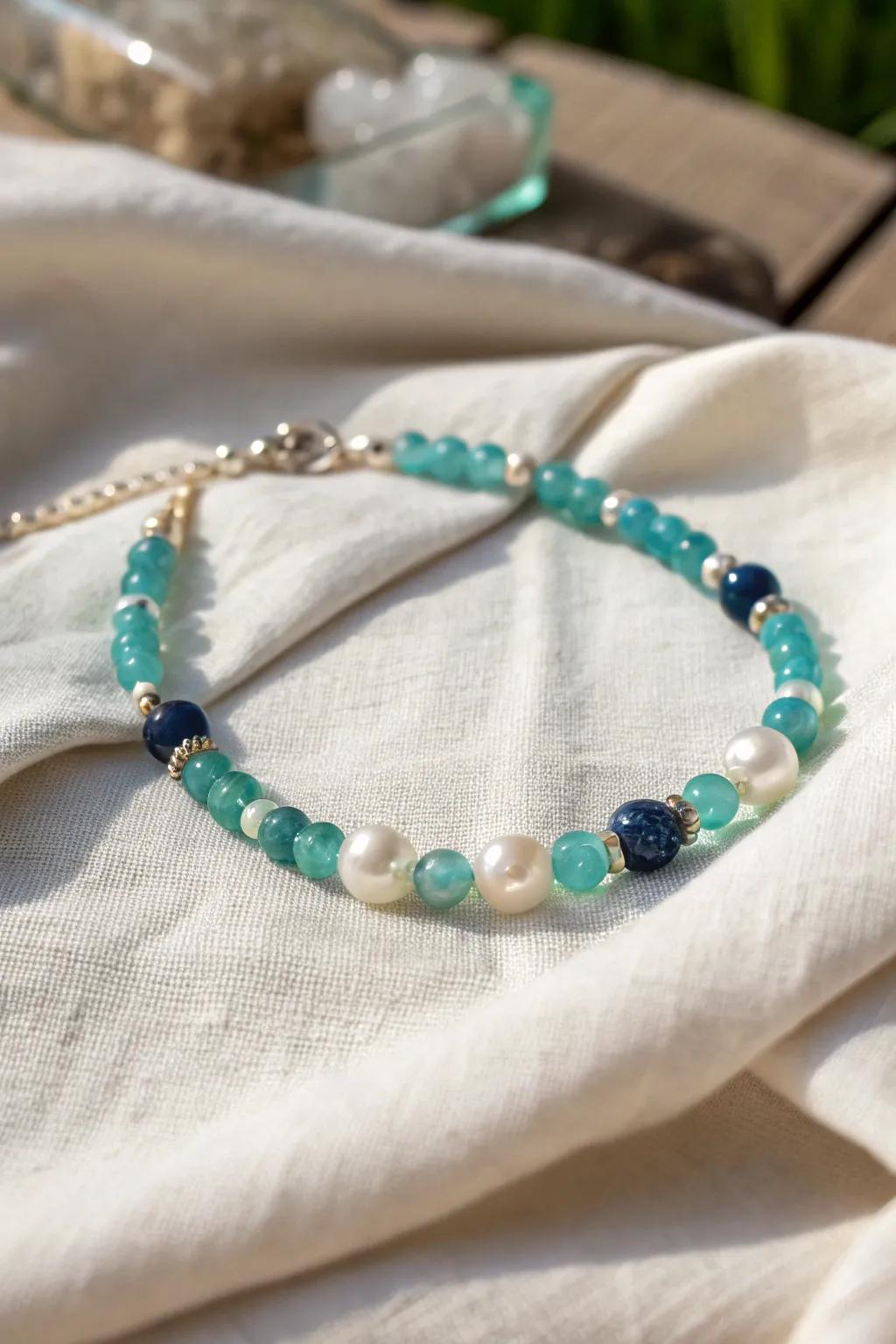 Immerse yourself in elegance with this Oceanic Treasure bracelet, a flawless synthesis of ocean tones and pearl highlights.