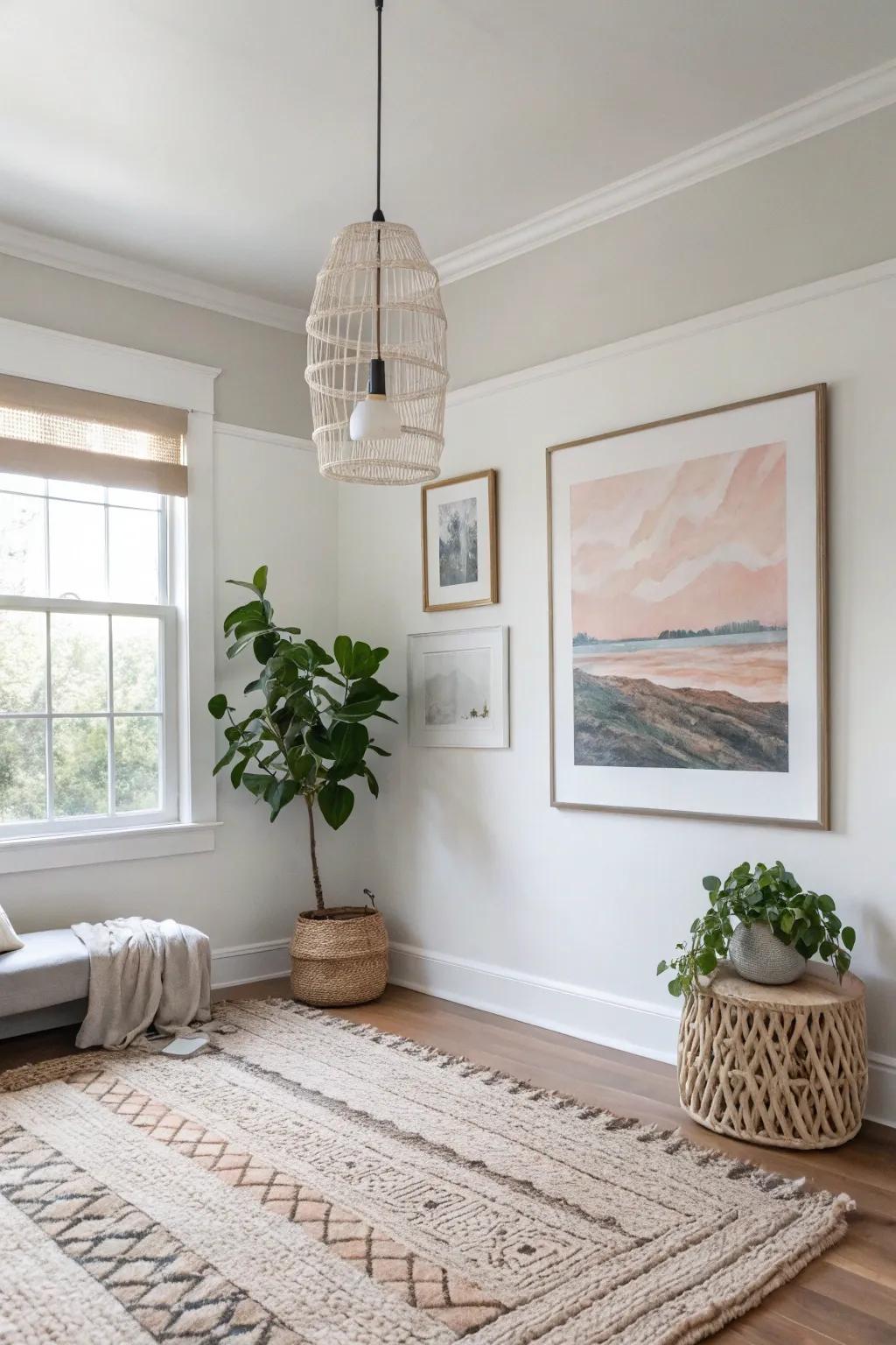 Craft a stunning floating effect with ceiling hangers—an elegant solution for displaying art without nails.