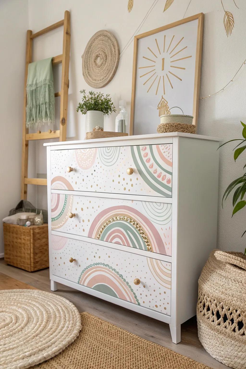 Transform your dresser into a whimsical masterpiece with free-hand artistry.