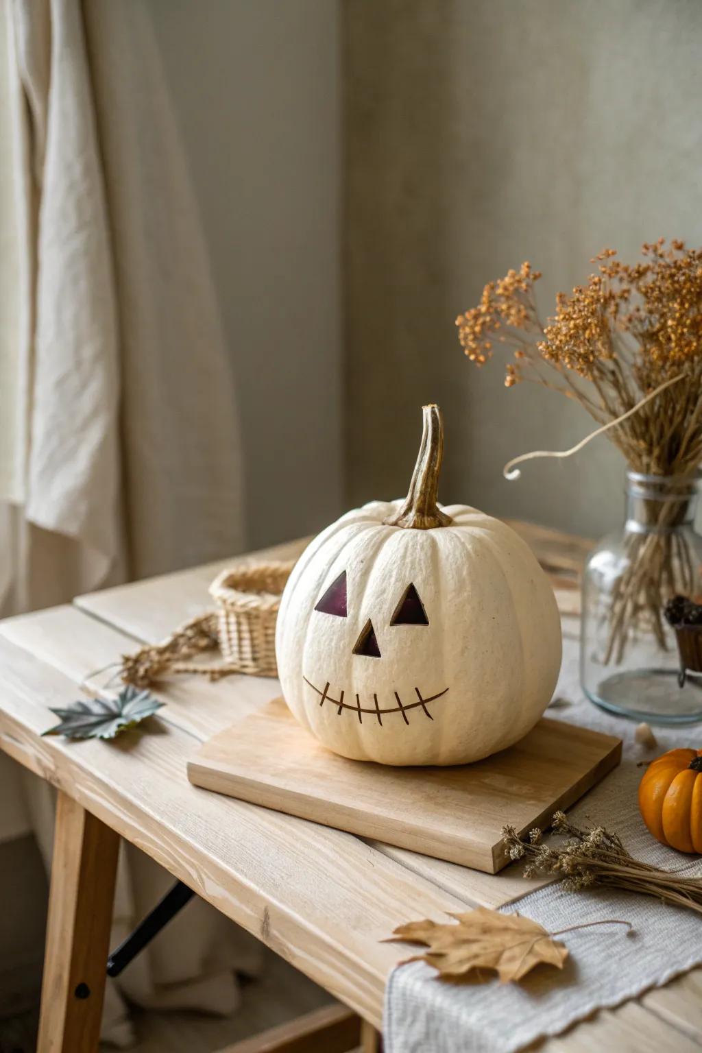 Reveal the enigma with a minimalist pumpkin masterpiece that whispers secrets in every shadow.
