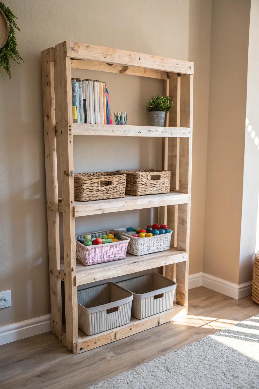 Transform any space via charming DIY pallet shelving—ideal for stylish and useful kid’s craft storage!