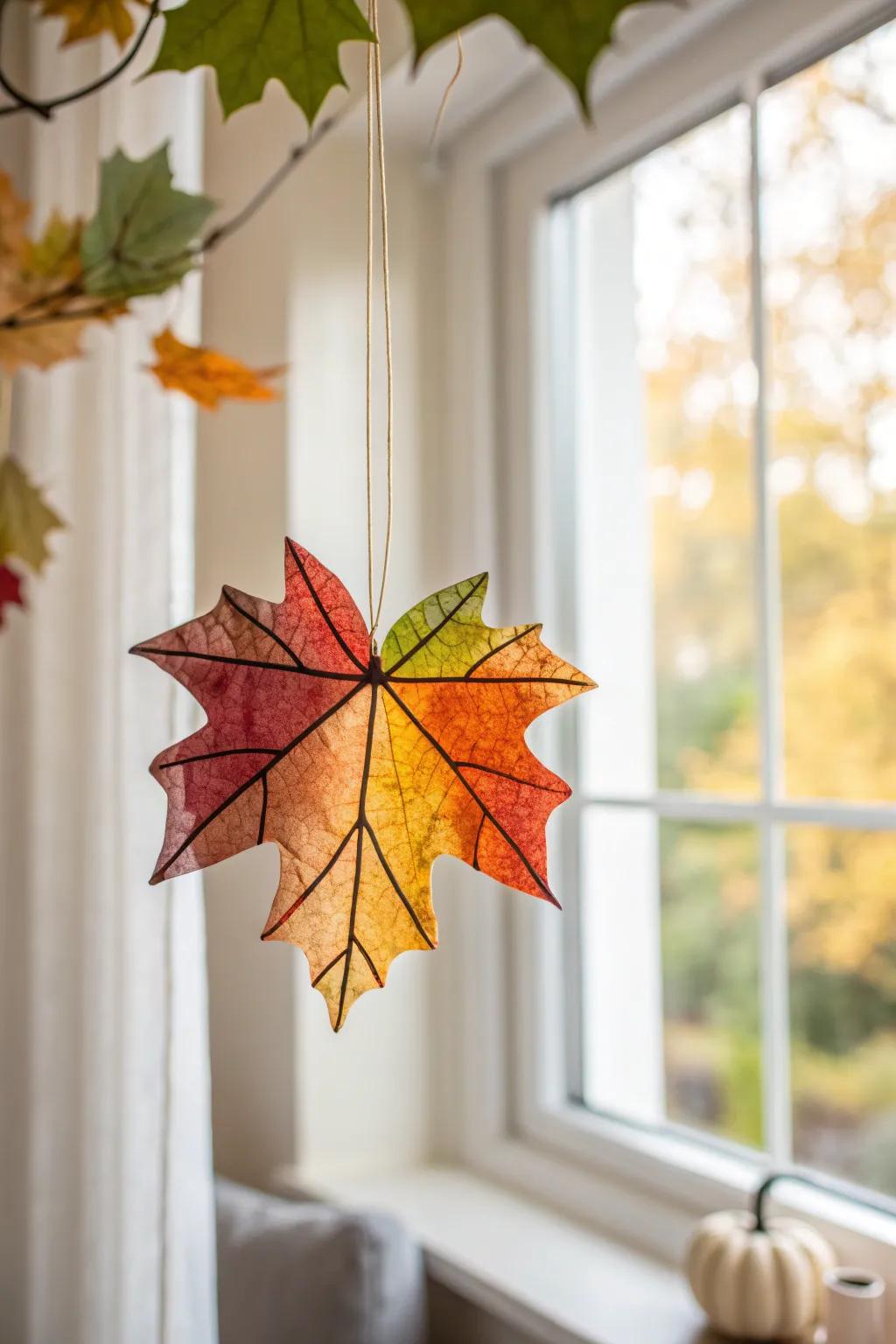 Capture the essence of autumn incorporating a handcrafted foliage catcher, incorporating warmth and hue onto the window.