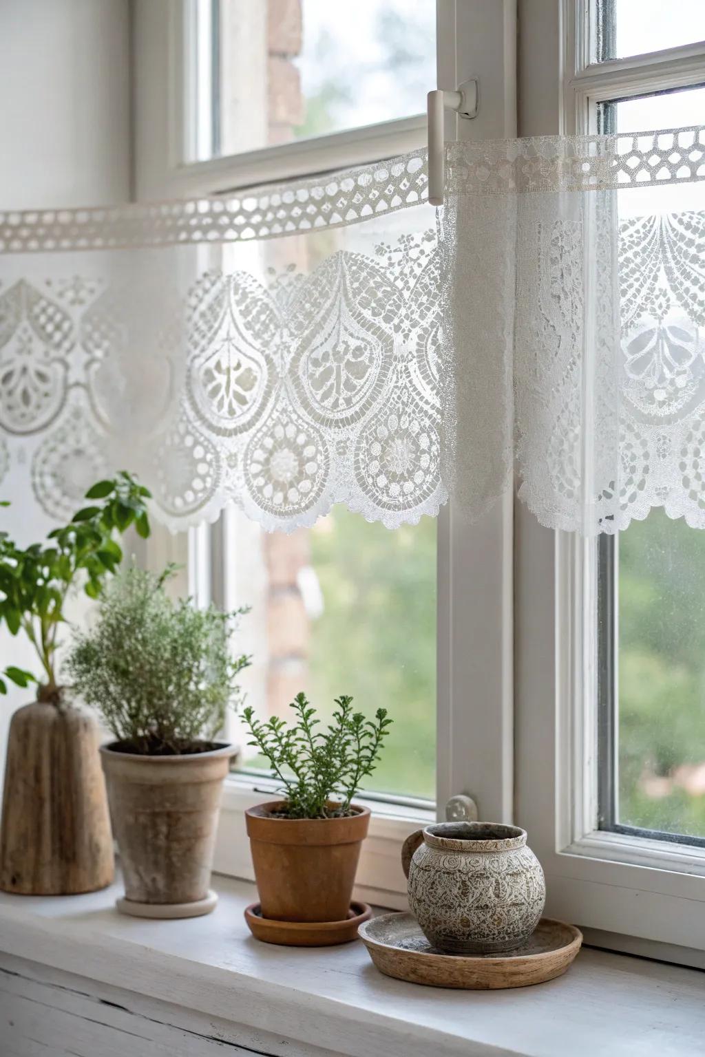 Witness light dance through elegant lace stencils on your kitchen window, merging Scandinavian simplicity with boho allure for a captivating ambiance.