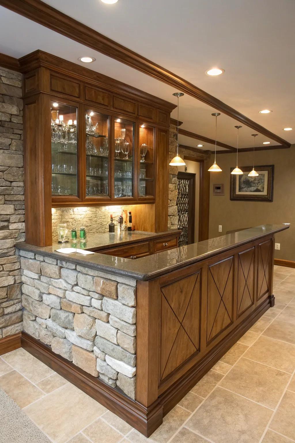 A visually intriguing L-shaped wet bar with an assortment of varied materials.
