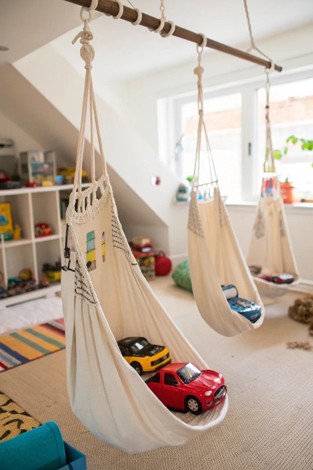 Hammocks provide whimsical and area-saving keeping.