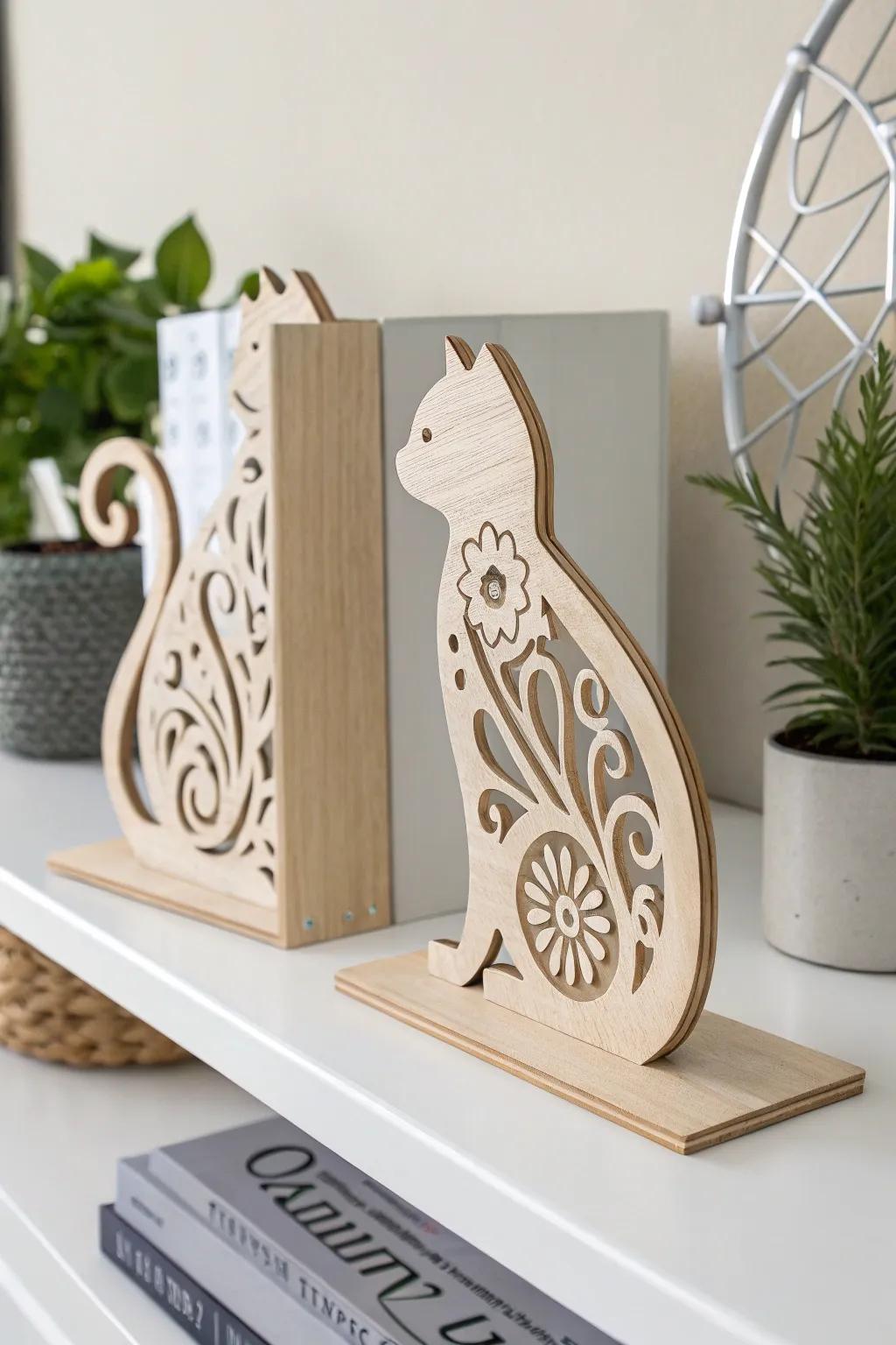 Infuse a playful, minimalist nuance into your bookshelf with these charming feline-shaped laser-etched bookends.