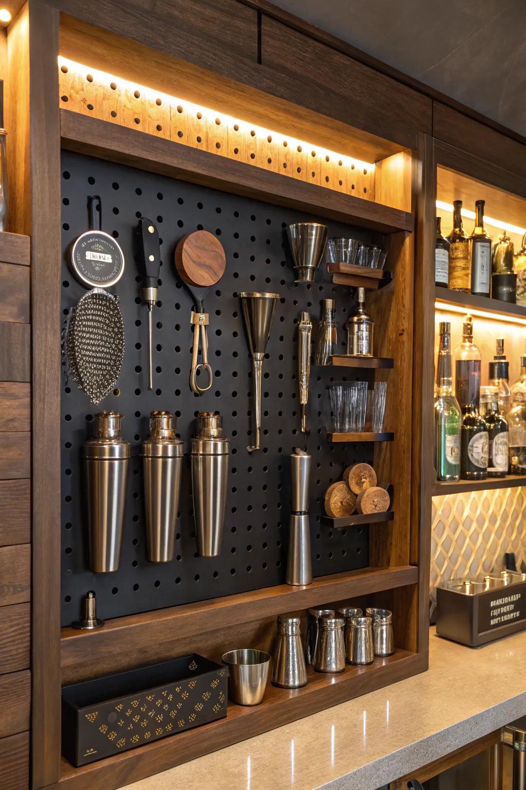 Add style and functionality to your man cave bar with this streamlined pegboard system.