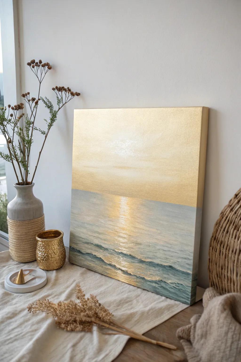Embrace peace through a gilded horizon where the sky converges with the sea, a minimalist masterpiece of harmony.