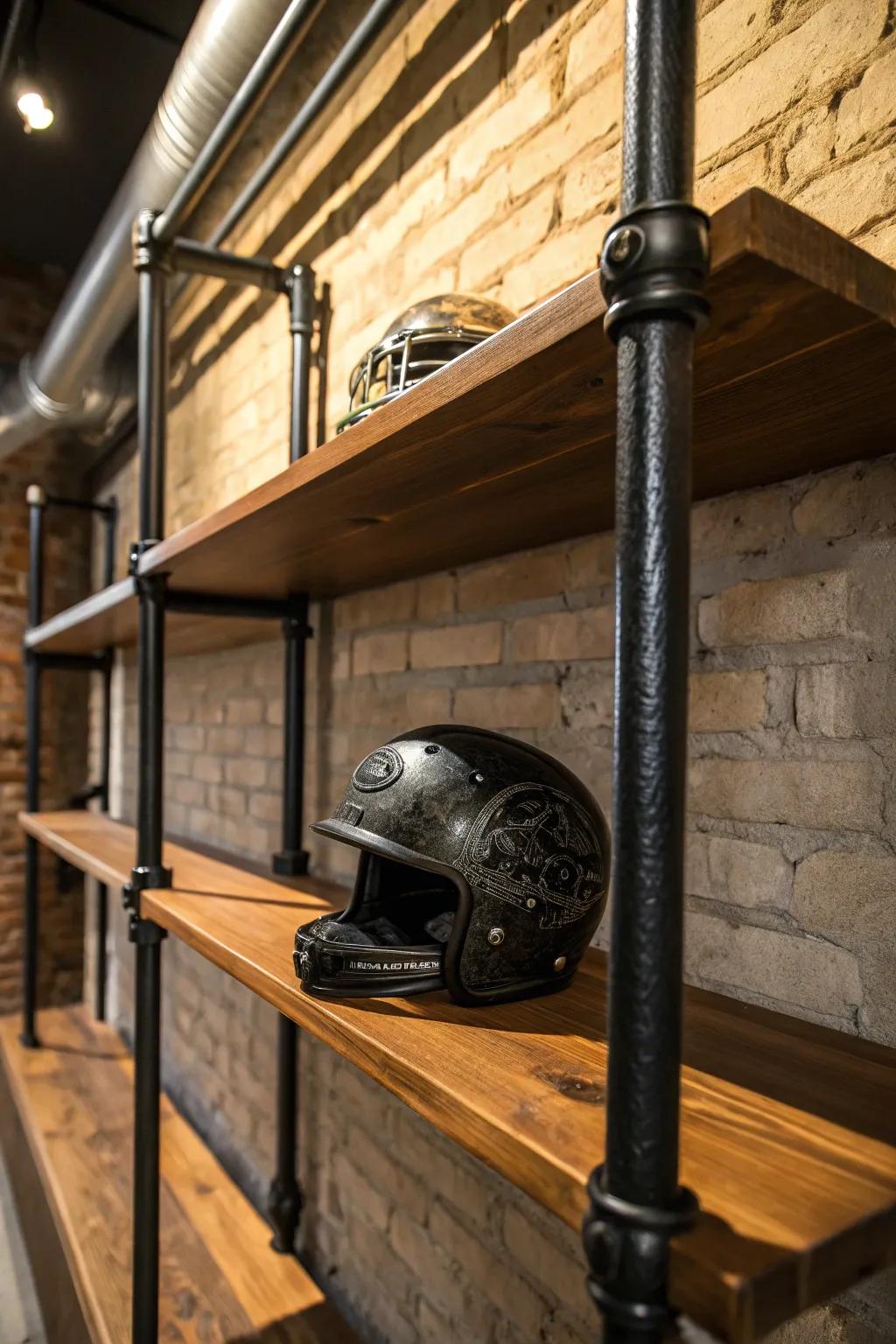 Showcase your enthusiasm through rugged sophistication: miniature helmets exhibited atop industrial conduit shelves.