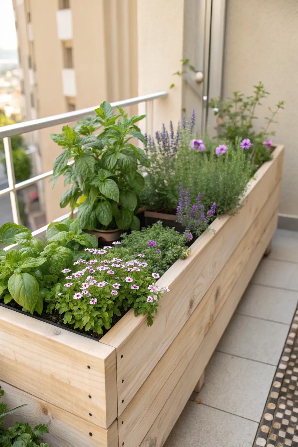 Transform your balcony into a Small Urban Retreat with a chic elevated garden bed, impeccable for herbs and blooms!