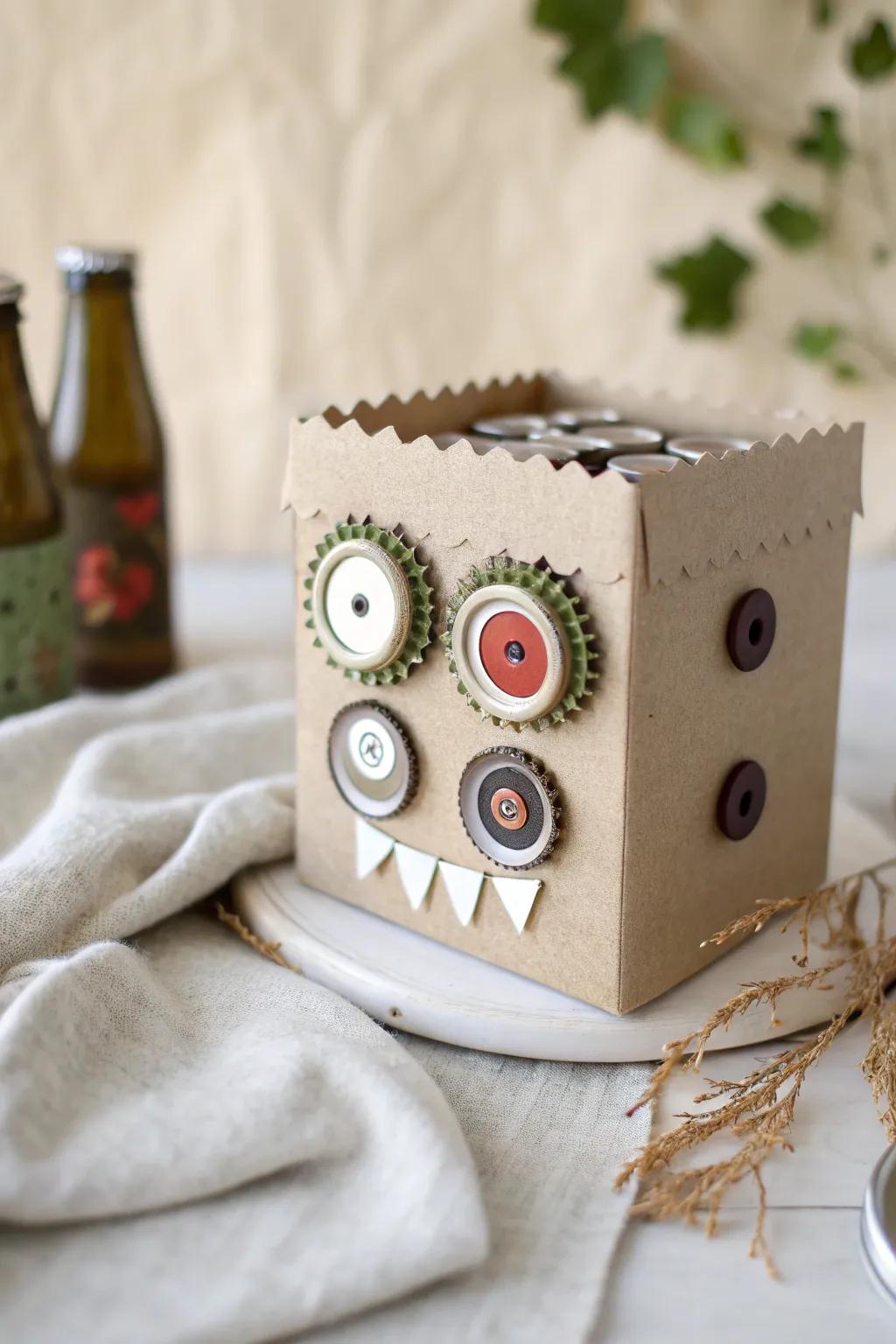 Embrace creativity with this charming monster box made from recycled treasures. Perfectly blending Scandinavian minimalism with Boho flair!