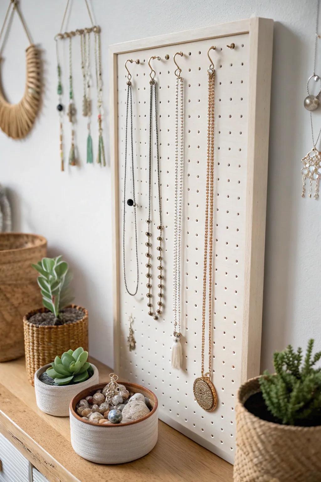 Elevate your necklace storage with a chic, flexible pegboard system that marries Scandinavian minimalism with boho elegance.