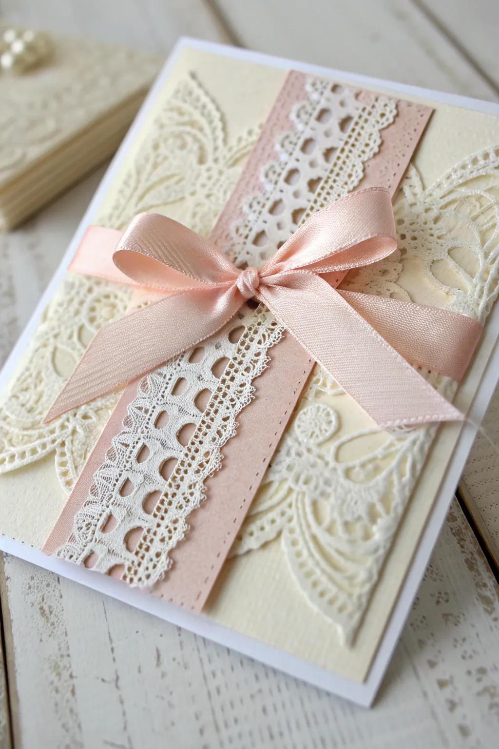 Elevate your newborn baby card designs with the elegance of lace and ribbons, where simplicity meets sophistication.