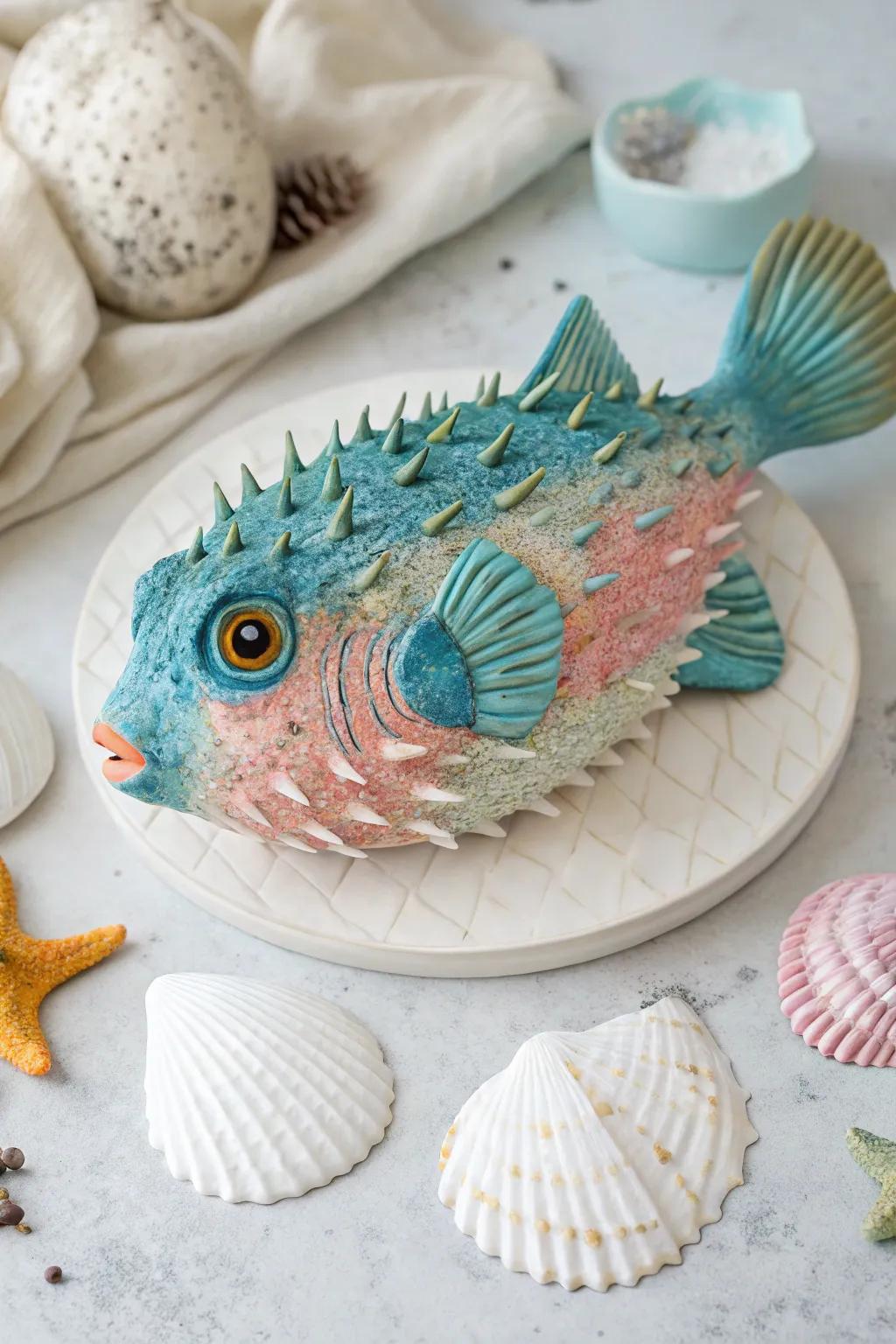 Venture into inventiveness through fork-embellished globefish artistry, wherein unpretentiousness intersects with the loveliness of the ocean.