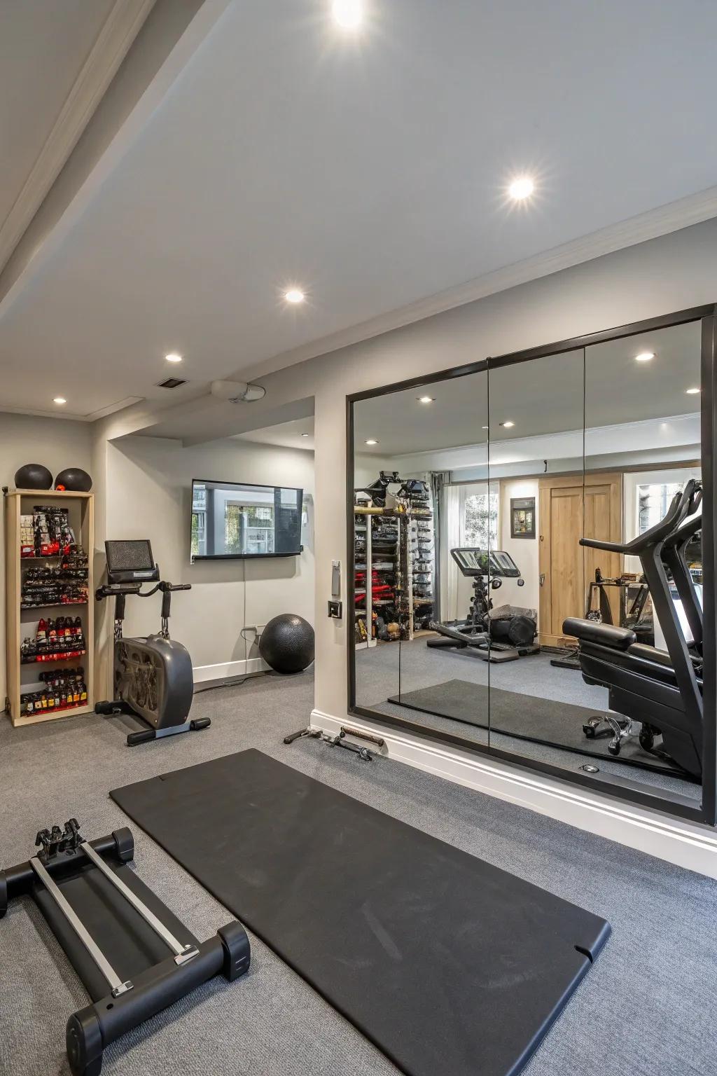 Mirrors that enlarge space and support fitness routines.