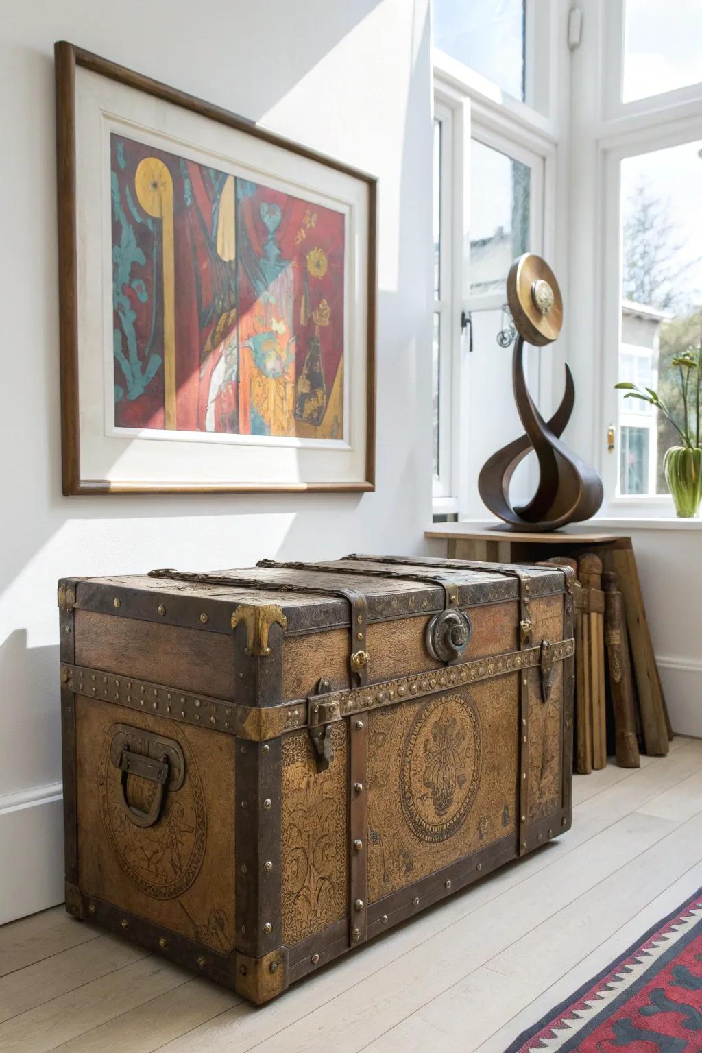 Transform nostalgia into art: Elevate your space with a quirky trunk display.