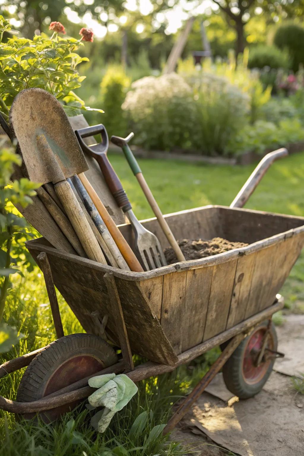 Revamp your gardening setup with a rustic tool caddy that's both functional and stylish.