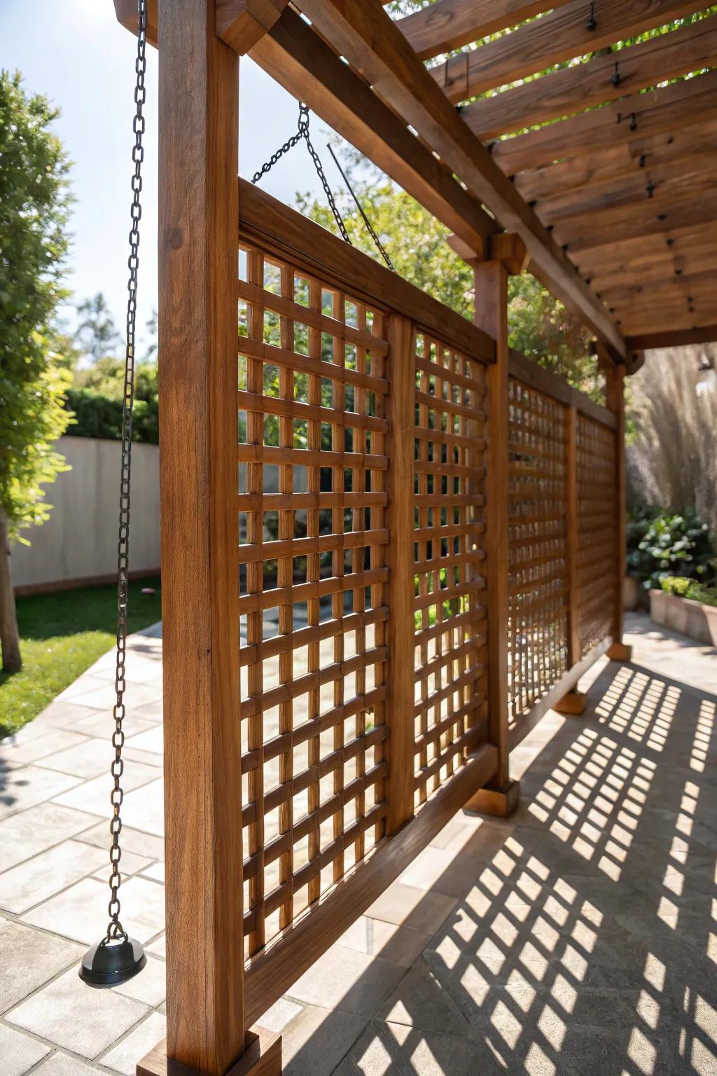 Elevate your outdoor ambiance with the allure and utility of dangling lattice dividers.