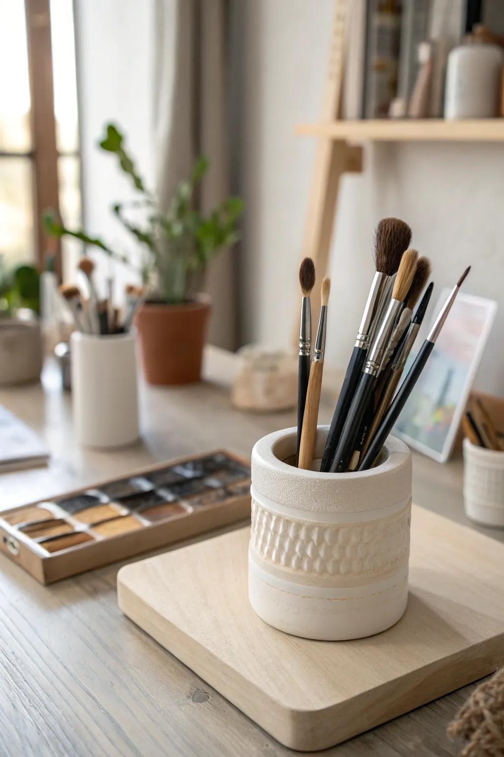 Enhance your art space with a hint of minimalistic elegance. Discover the beauty of simplicity with an earthenware applicator rest.