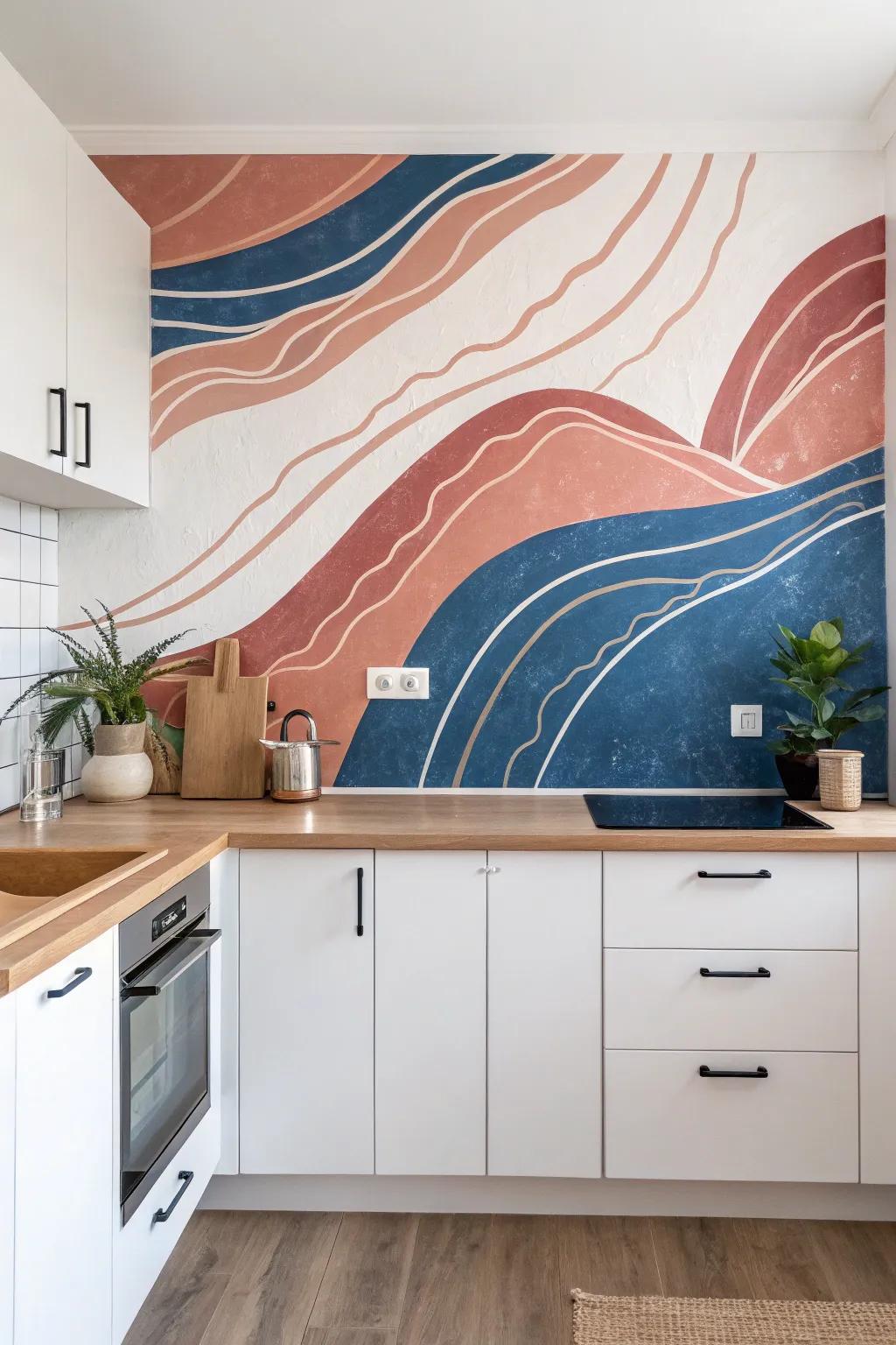 Unleash your inner artisan via an audacious and exquisite abstract backsplash that metamorphoses your culinary space into a masterpiece.