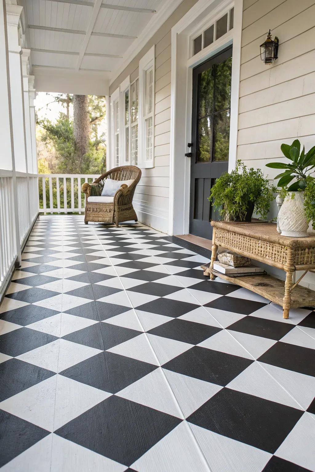 Elevate your porch with the elegance of a classic tiled floor pattern, where simplicity meets timeless style.