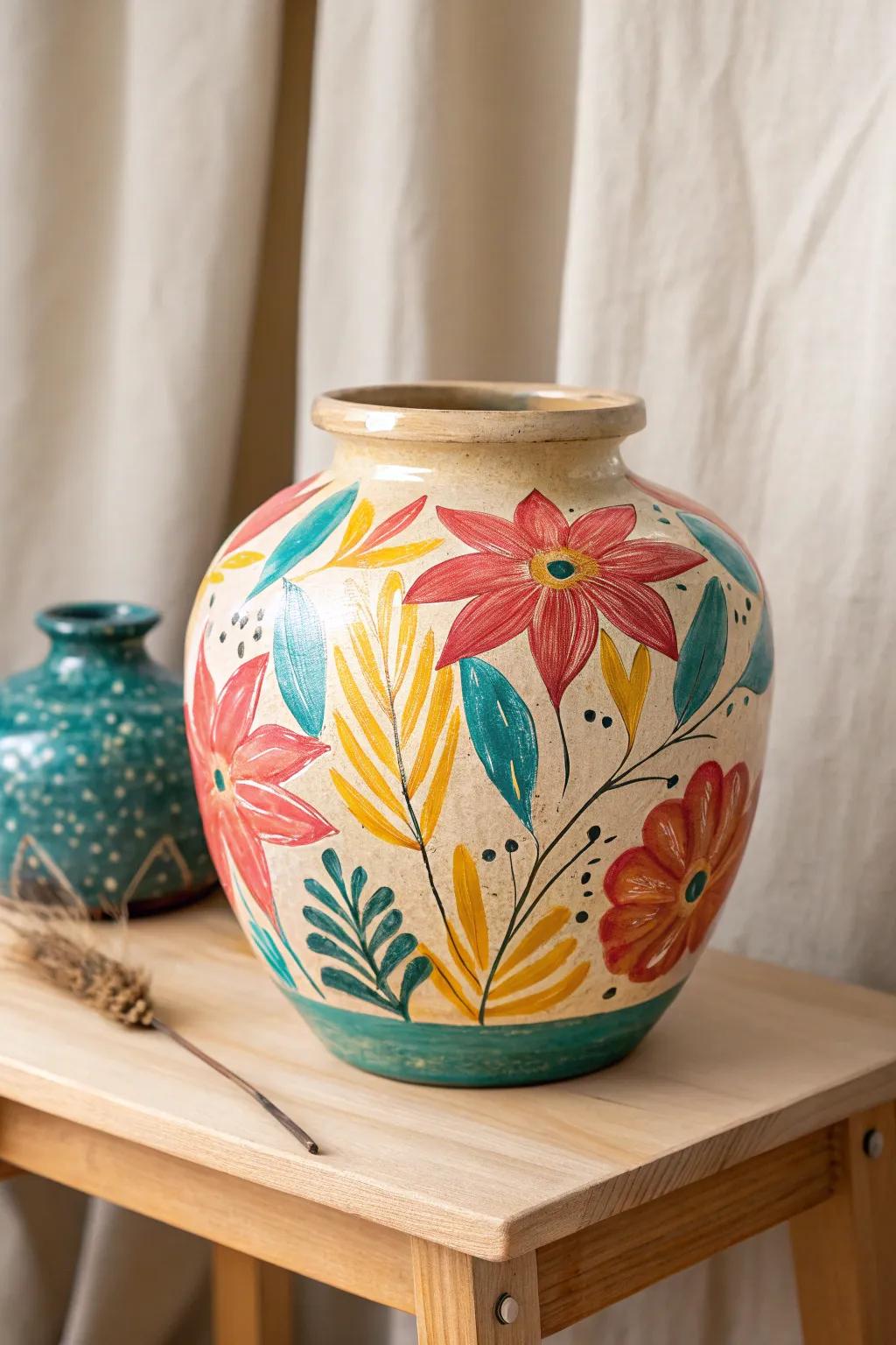 Add a burst of color to your space with dynamic abstract florals on handcrafted ceramic pots.