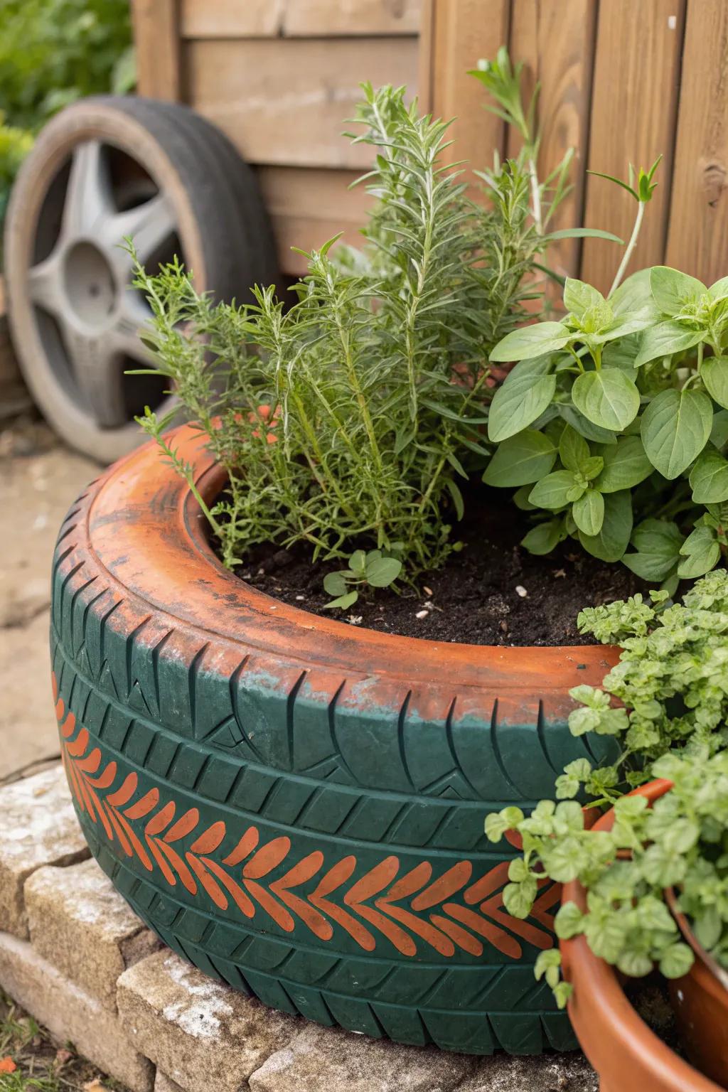 Elevate your garden game with a rustic tire herb patch. Craftsmanship harmonizes with nature.