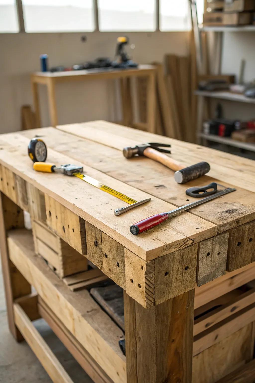 Reimagine your functional space through a bespoke pallet work surface, harmonizing functionality with unparalleled rural enchantment.