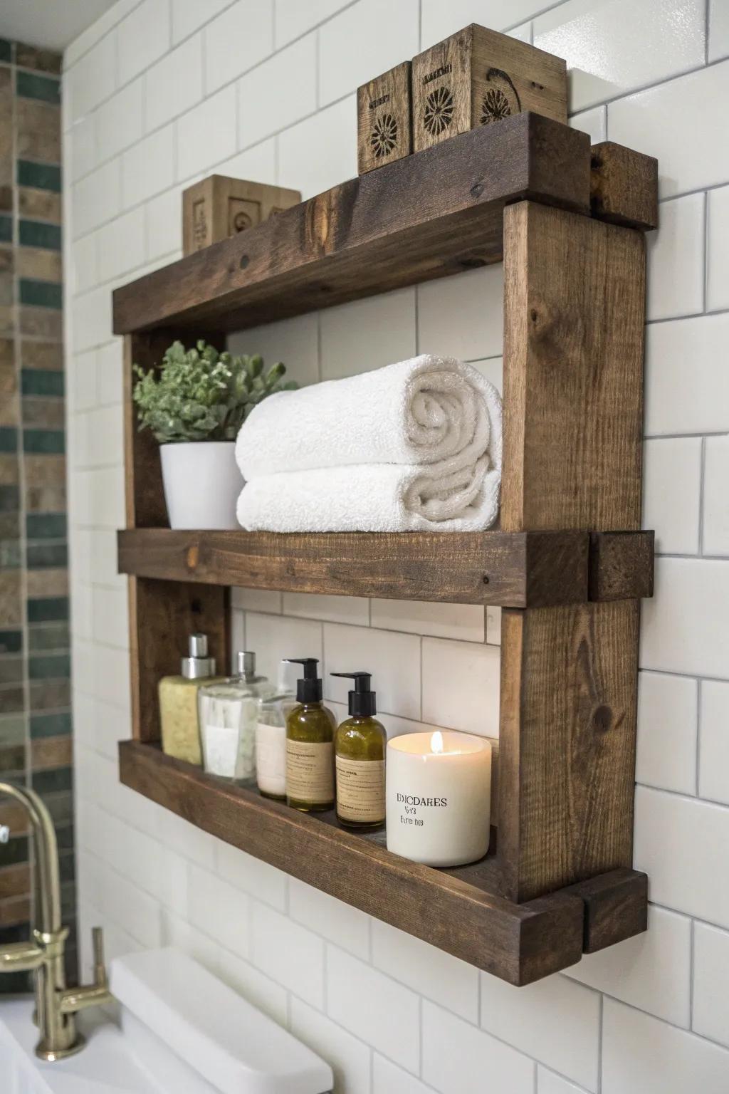 Elevate your bathroom with the weathered charm of a bespoke pallet rack.